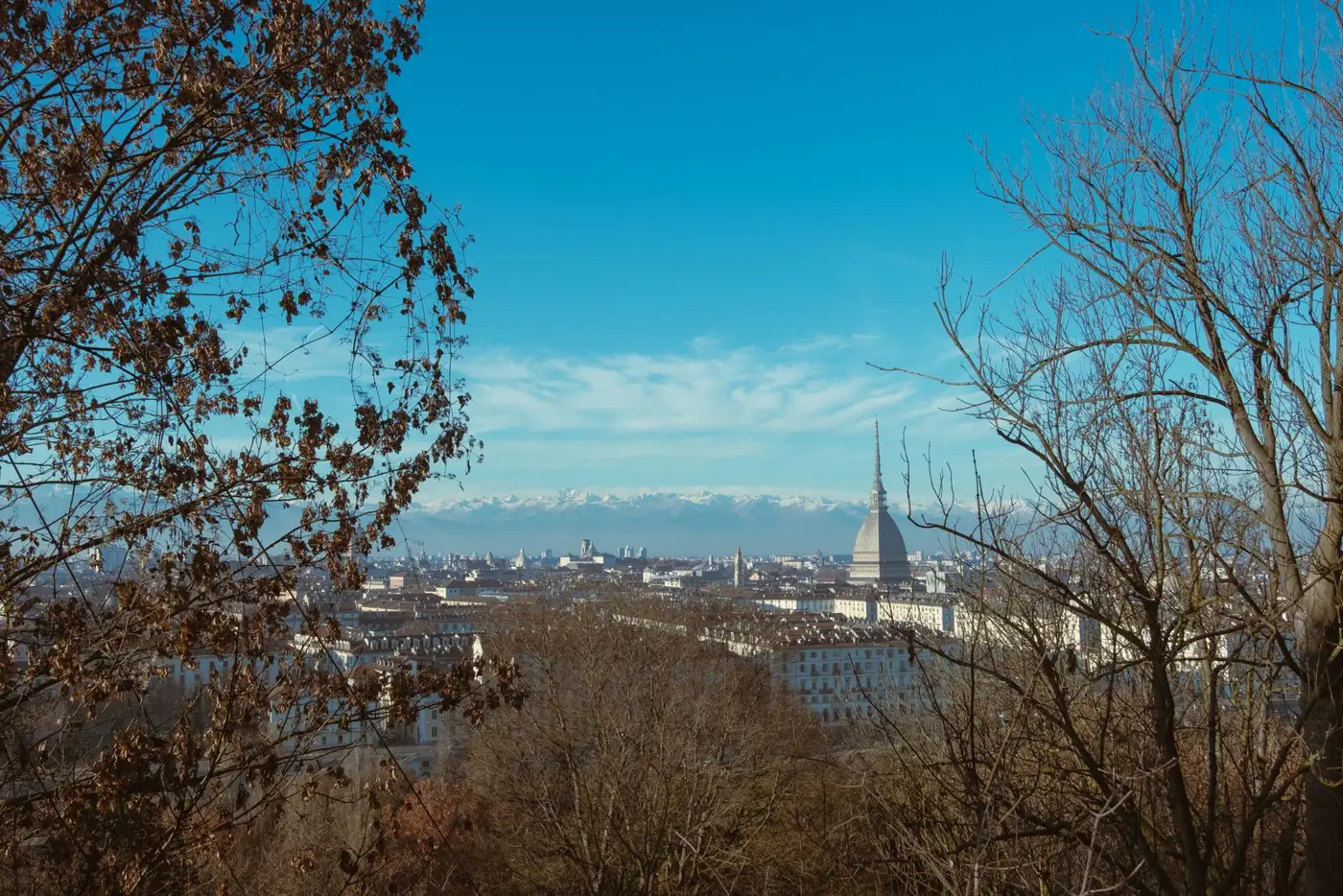 Torino con la Mole Antonelliana e le Alpi in inverno