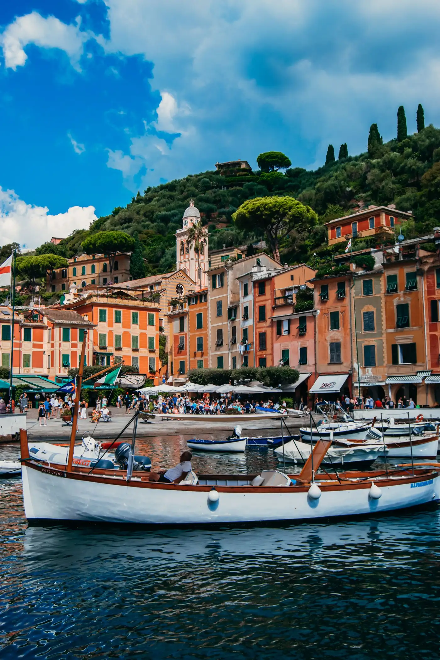 Portofino harbour with colourful houses and boats