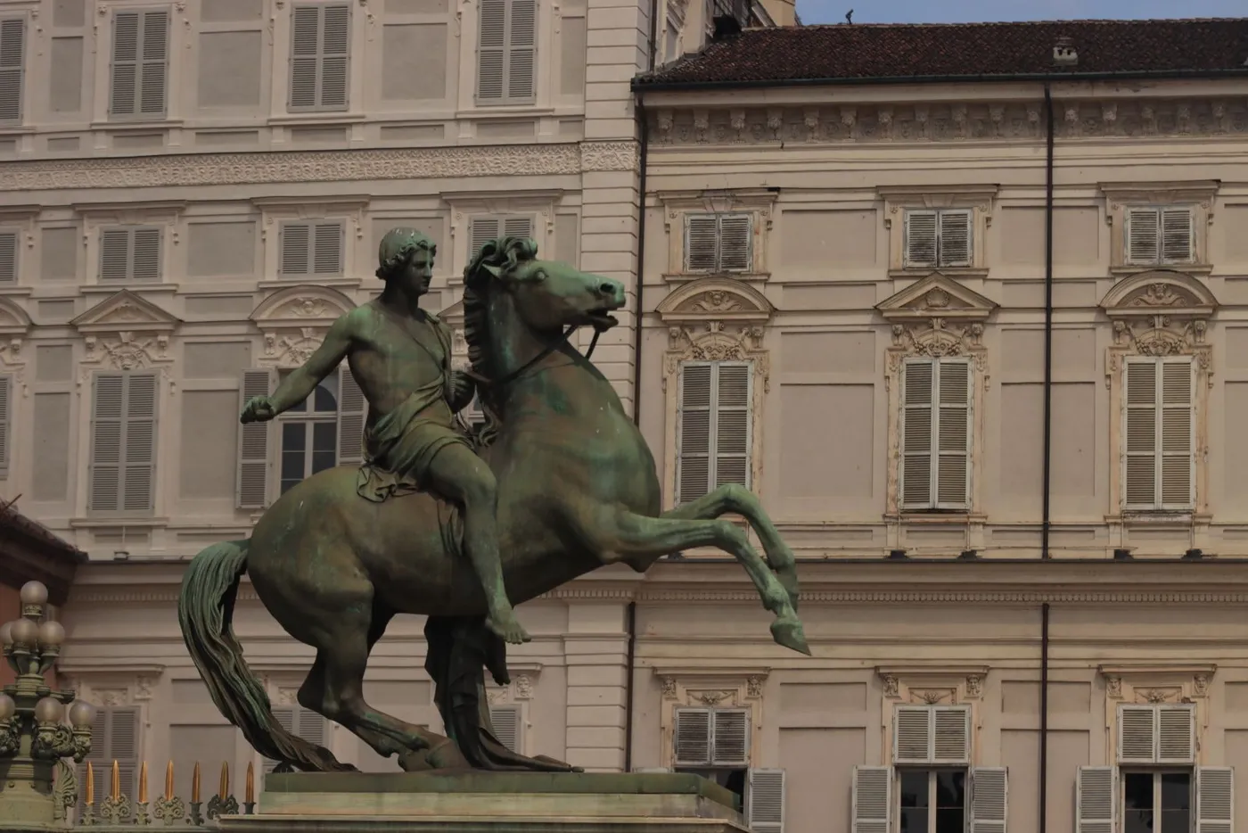 Equestrian statue of the Dioscuri in front of the Palazzo Reale in Turin
