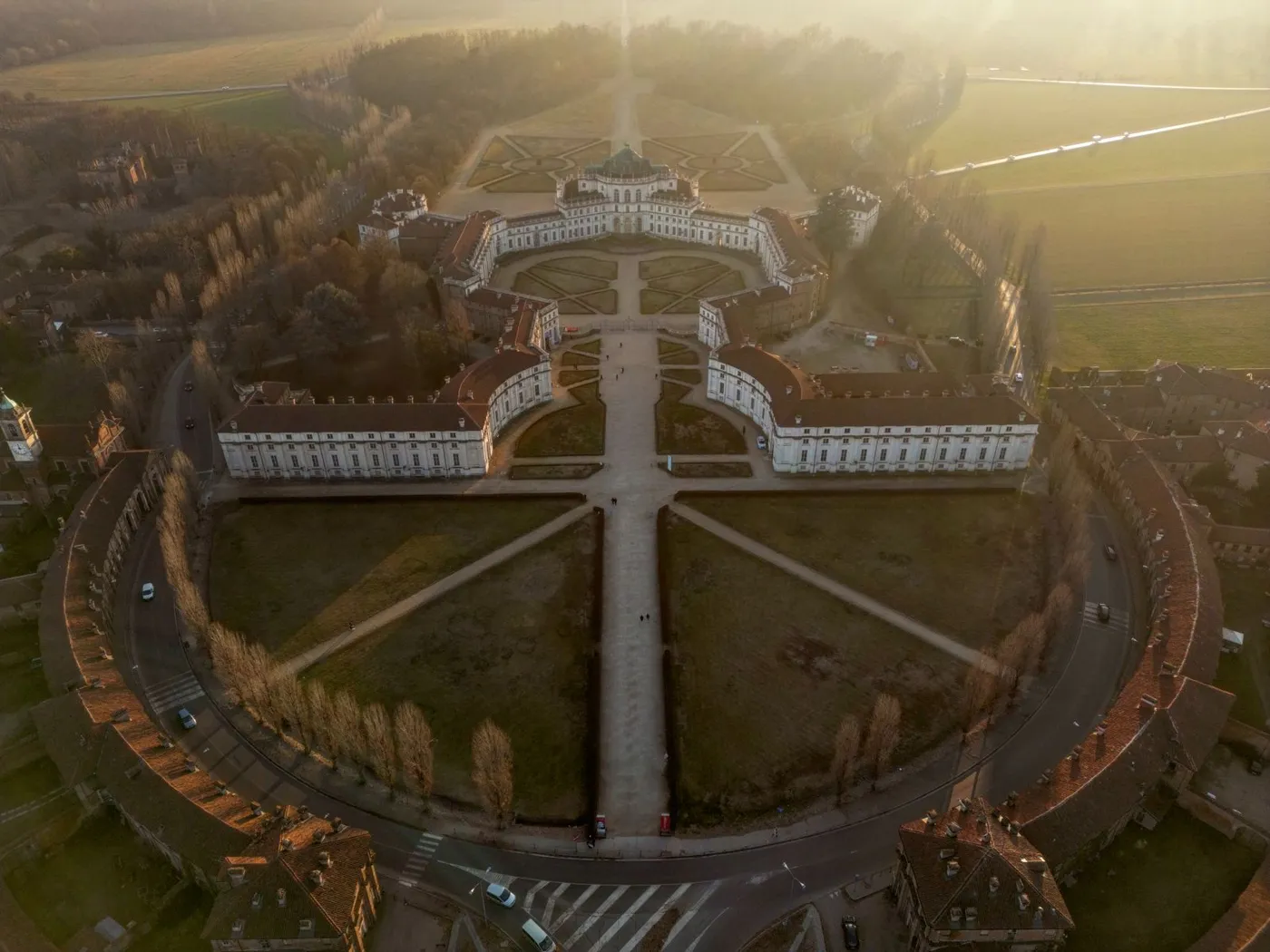 Aerial view of the Palazzina di Stupinigi with its park and avenues